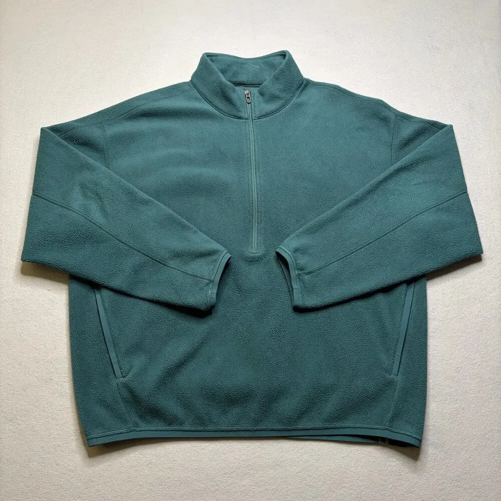 Lululemon Fleece Pullover Mens L Green Half Zip Relaxed Fit Pockets Soft Warm